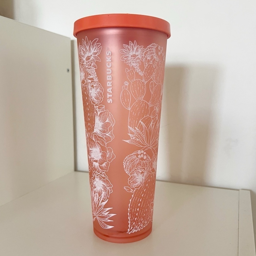 Starbucks RARE 2018 Matte Coral Floral Cactus 24oz Cold Venti Tumbler Cup